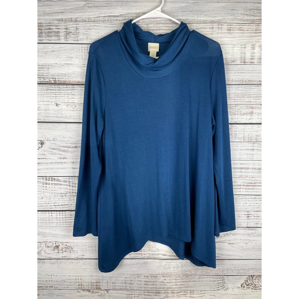 Chico’s Cowl neck Blue Long Sleeve Tunic Top Sharkbite 1 Medium Mature Office